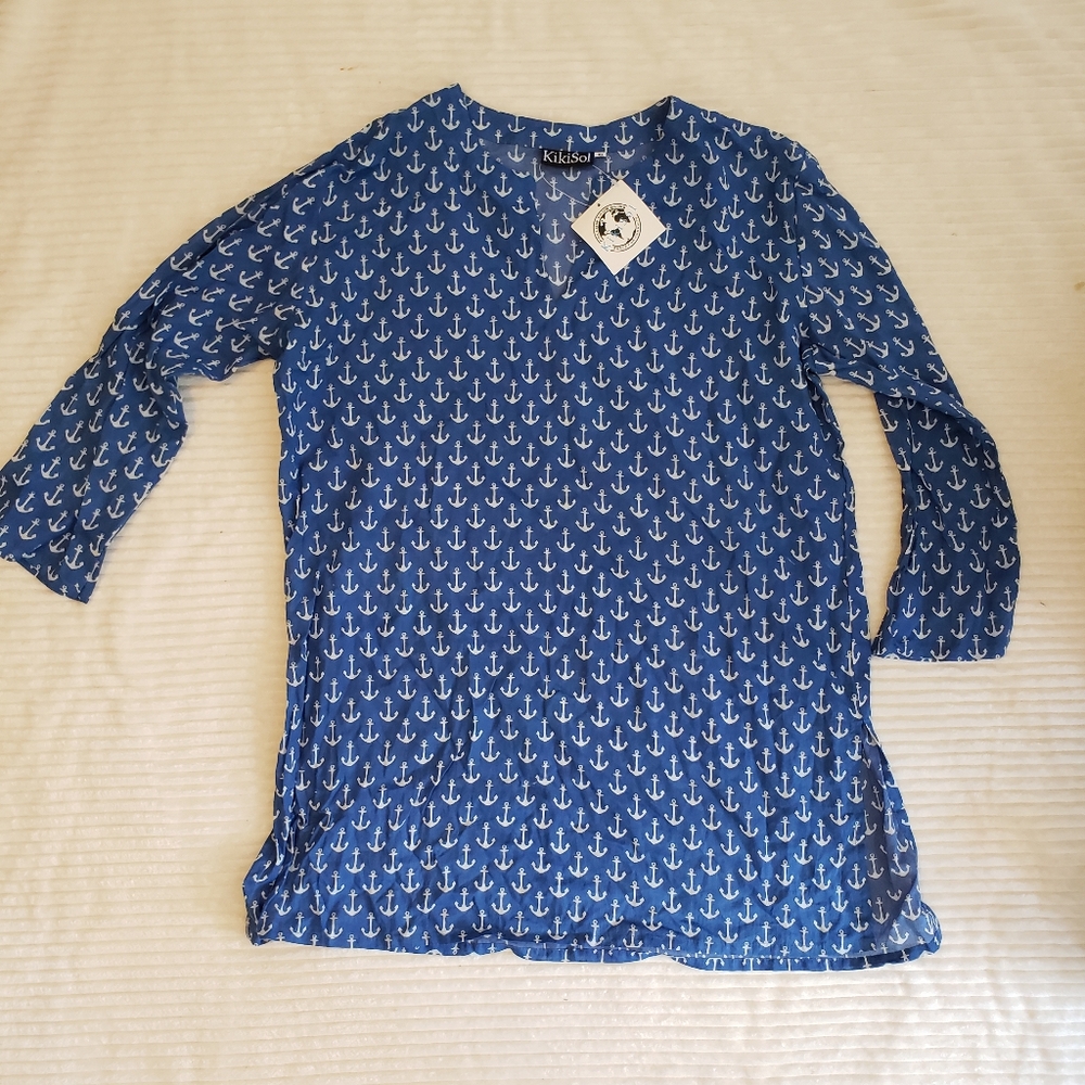 SOLD KikiSol Blue/ White Anchor Print Women's Top/ Coverup XL - Picture 4 of 8